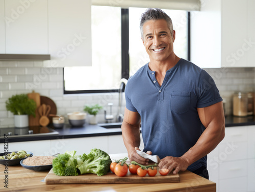 Happy healthy man in the kitchen