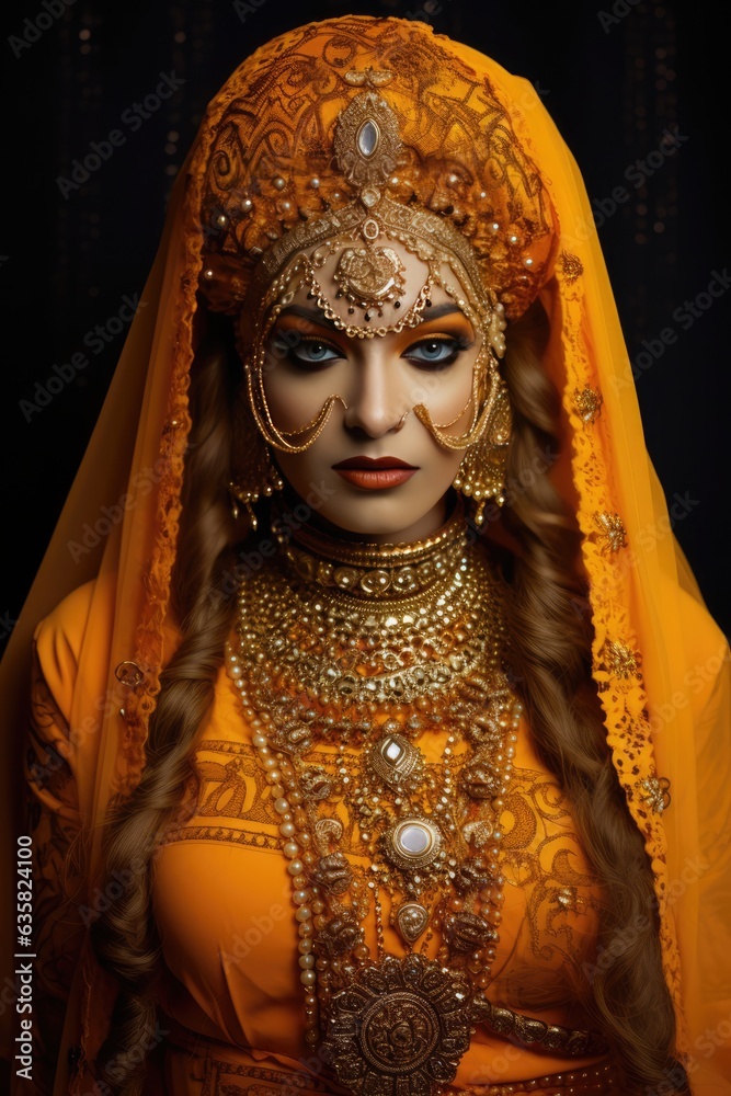 Beautiful Indian Woman Adorned with Traditional Headdress and Gold Jewelry. A fictional character Created By Generated AI. Beautiful Indian Woman Adorned with Traditional Headdress and Gold Jewelry. A fictional character Created By Generated AI.