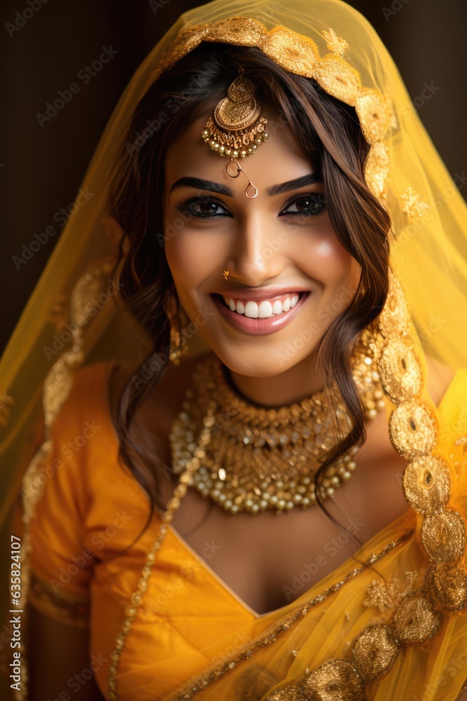 Beautiful Indian woman wearing traditional yellow gold jewelry. A fictional character Created By Generated AI.