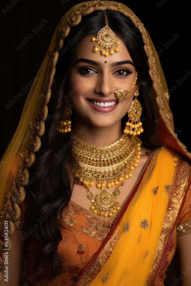 Beautiful Indian woman wearing traditional jewelry and heavy makeup. A fictional character Created By Generated AI.