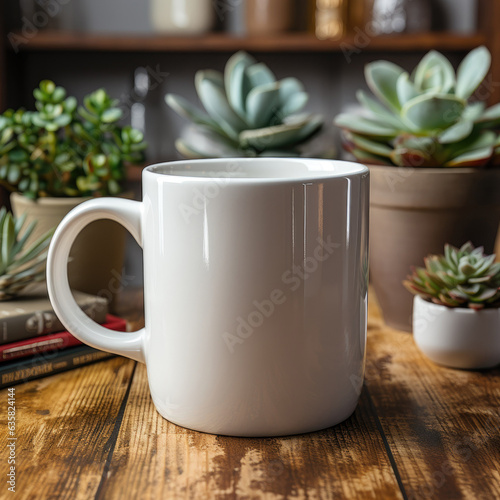 White mug mockup, Blank ceramic mug. Blurred background with a wooden table and Bookshelf