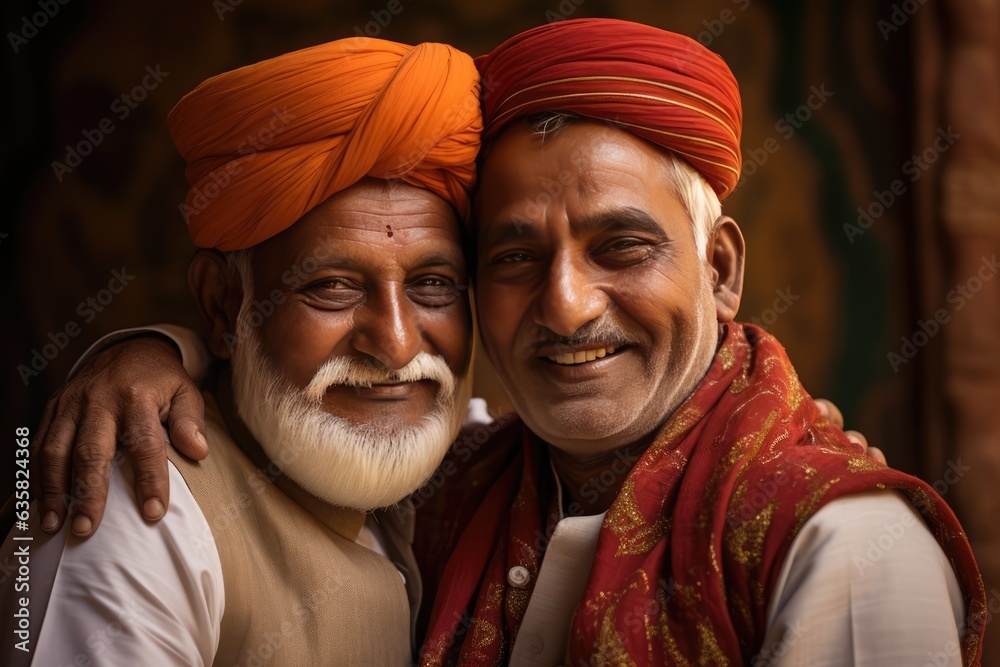 Portrait of an old man and a young man wearing cultural headdresses, embracing each other.. A fictional character Created By Generated AI.