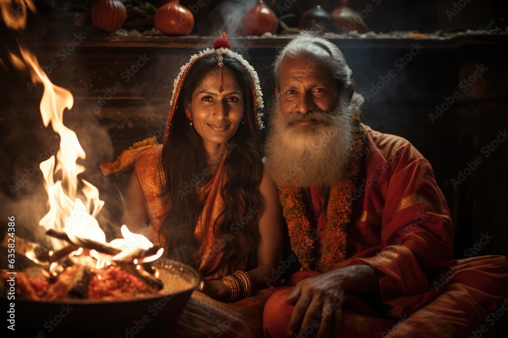 Ancient Indian Husband and Wife Performing Hindu Ritual. A fictional character Created By Generated AI.