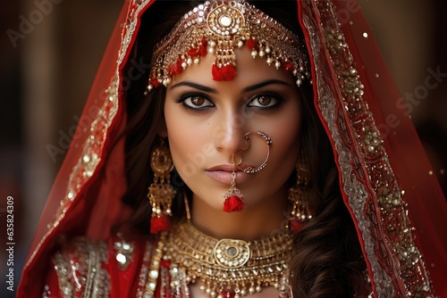 Beautiful Indian woman adorned with traditional jewelry and heavy makeup. A fictional character Created By Generated AI.