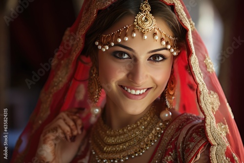 Beautiful Indian woman wearing traditional bridal jewelry and headdress. A fictional character Created By Generated AI.