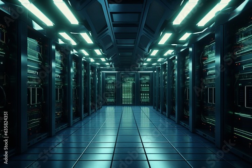 Dark server room with glowing computer equipment