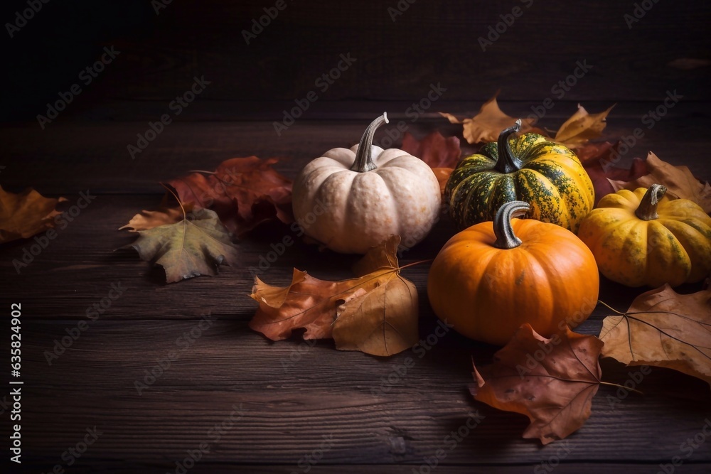Pumpkin with autumn leaf on wooden table. Generative AI