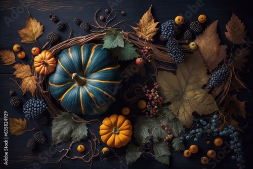 Festive autumn decor with pumpkins  berries and leaves on a dark wooden background. Concept of Thanksgiving day or Halloween. Generative AI