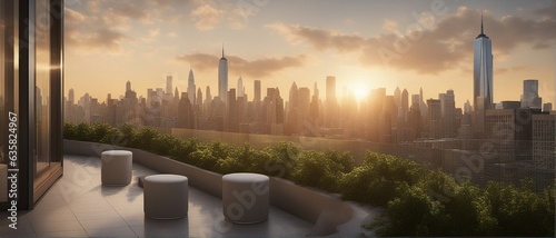 Wallpaper Mural View of a futuristic cityscape from the balcony of a building with decorative bushes, future New-York city idea with the sun setting on skyscrapers Torontodigital.ca