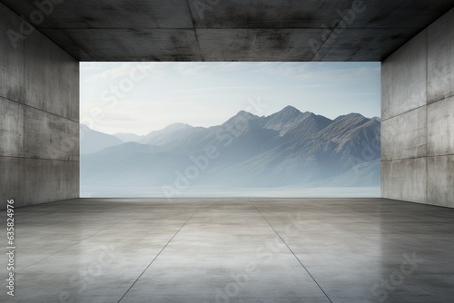 Empty concrete room with a mountainous background captured in a .