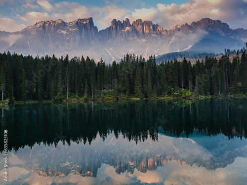 A gigantic scenery of Lago di Carezza (Karersee) with the lake reflection, Dolomites, Italy