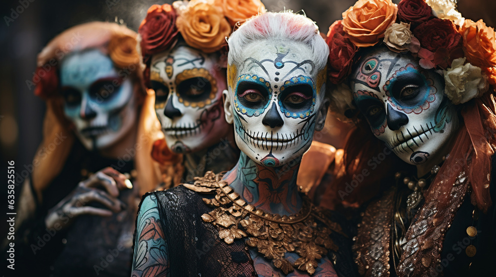A group of people wearing vibrant and ornate skull makeup, embodying the festive spirit of Day of the Dead, Dia de Muertos Generative AI A group of people wearing vibrant and ornate skull makeup, embodying the festive spirit of Day of the Dead, Dia de Muertos Generative AI