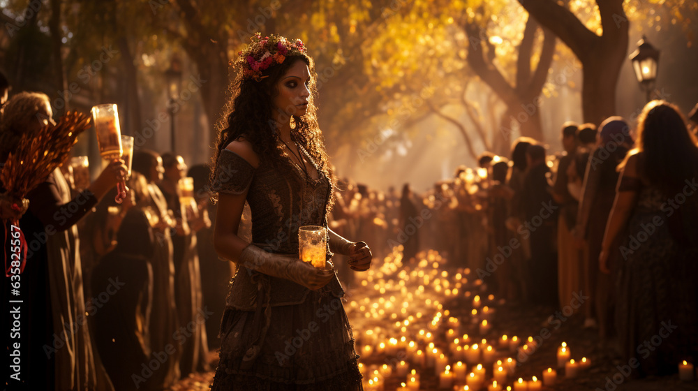 A view of an outdoor procession with participants carrying candles and marigold garlands, honoring the deceased, Day of the Dead, Dia de Muertos Generative AI