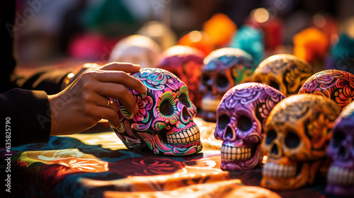 A close-up of hands sculpting colorful sugar skulls, showcasing the craftsmanship behind these traditional offerings, Day of the Dead, Dia de Muertos Generative AI