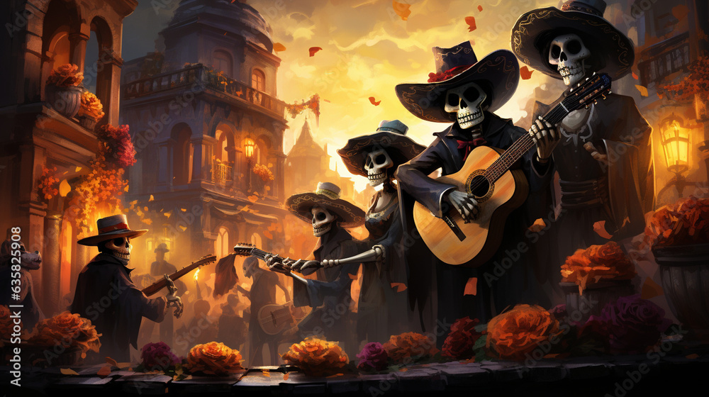 An artistic representation of a mariachi band performing in front of an ofrenda, adding music and celebration to Day of the Dead, Dia de Muertos Generative AI