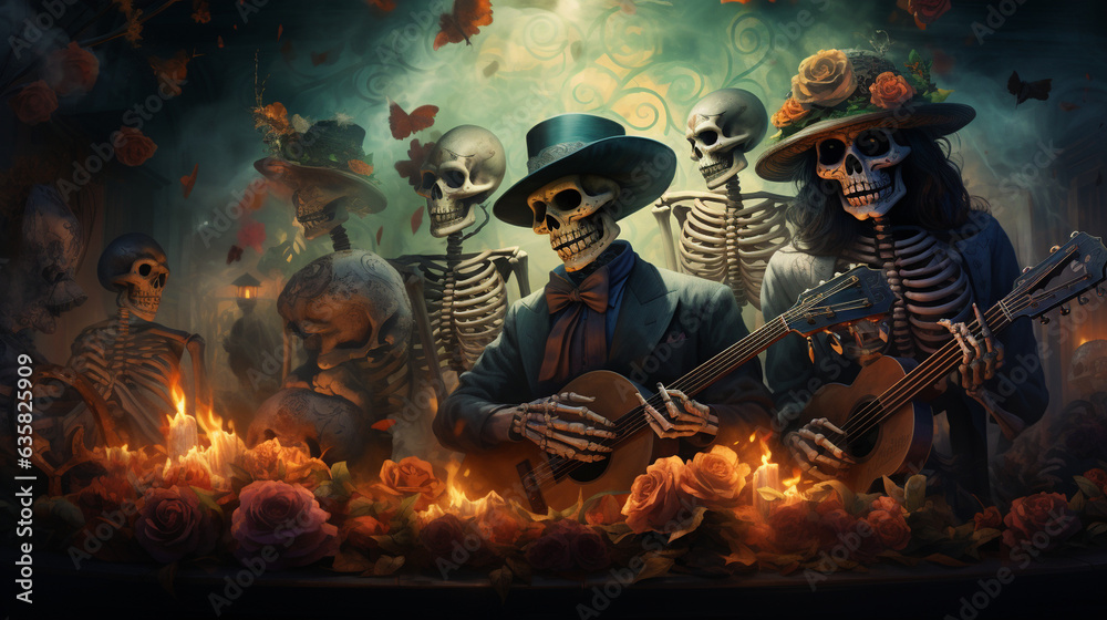 An artistic representation of a mariachi band performing in front of an ofrenda, adding music and celebration to Day of the Dead, Dia de Muertos Generative AI