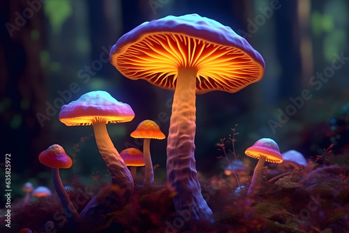Mushroom glows in the forest Made with Generative AI