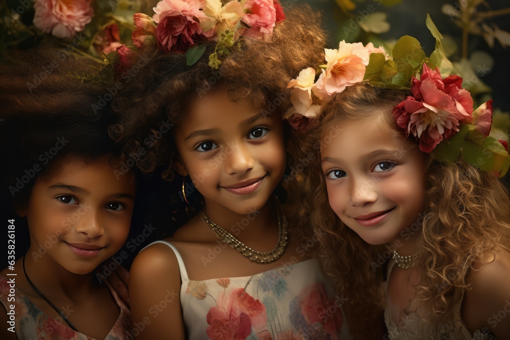 Three beautiful young girls with curly hair smiling for a picture. A fictional character Created By Generated AI.