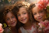 Three Little Girls Posing with Flowers. A fictional character Created By Generated AI.