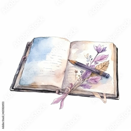 personal diary to record secrets with a bookmark isolated on white background Watercolor illustration
