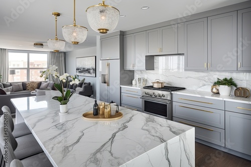 A stylish kitchen in Chicago with gold hardware, stainless steel appliances, and white marbled granite counters. photo