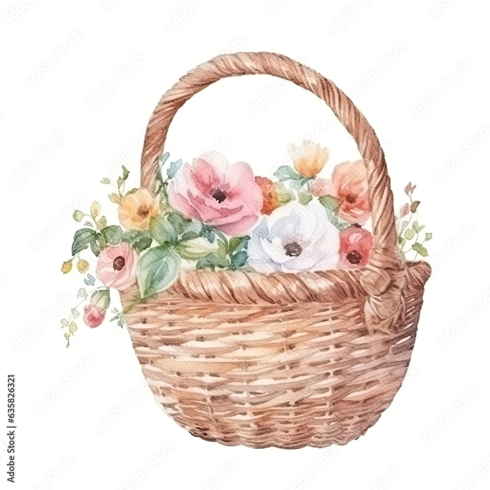 wicker bag with flowers isolated on white background Watercolor illustration wicker bag with flowers isolated on white background Watercolor illustration