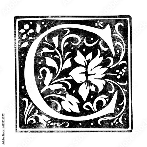 Letter ‘C’ vintage initial drop cap stamp with distressed texture isolated on transparent background