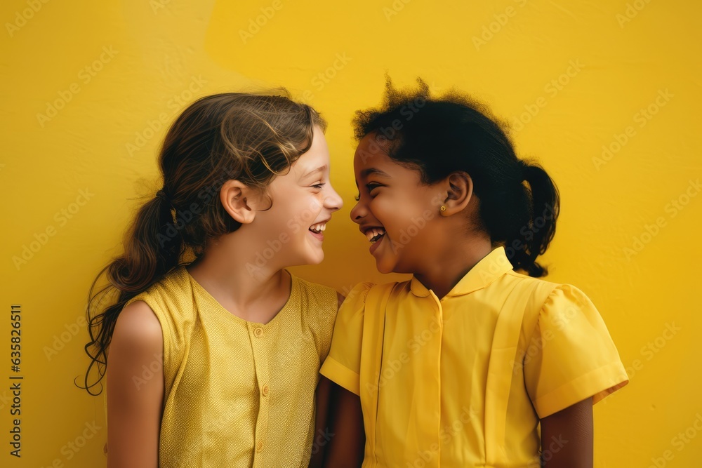 Two Young Children Laughing and Smiling at the Camera. A fictional character Created By Generated AI. Two Young Children Laughing and Smiling at the Camera. A fictional character Created By Generated AI.