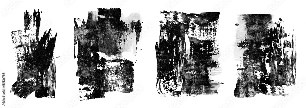 Abstract rough painterly black ink vignettes with distressed grunge texture isolated on transparent background