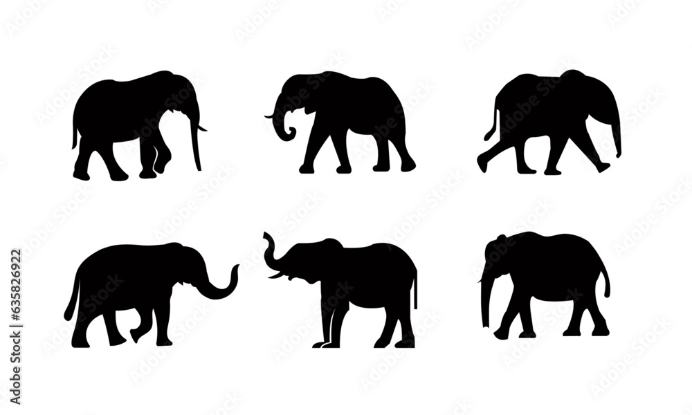 silhouettes of cute elephants walking and standing or icon sheet of elephants in silhouette style