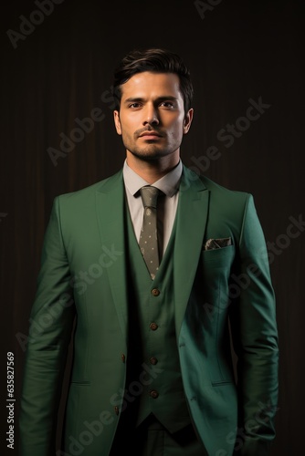 Sophisticated man in a green suit. A fictional character Created By Generated AI. © shelbys