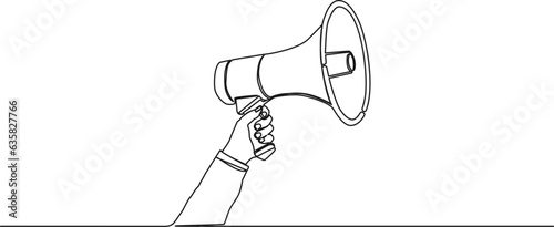 continuous single line drawing of hand holding megaphone, line art vector illustration
