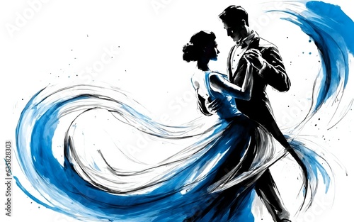 Illustration of a dancing couple in a dynamic modern ballroom dance. Illustration in black and blue colors on a white background, generative ai