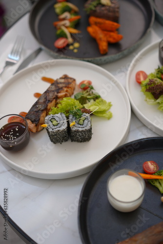 Salmon Steak with Sushi Vegetables and Sauce