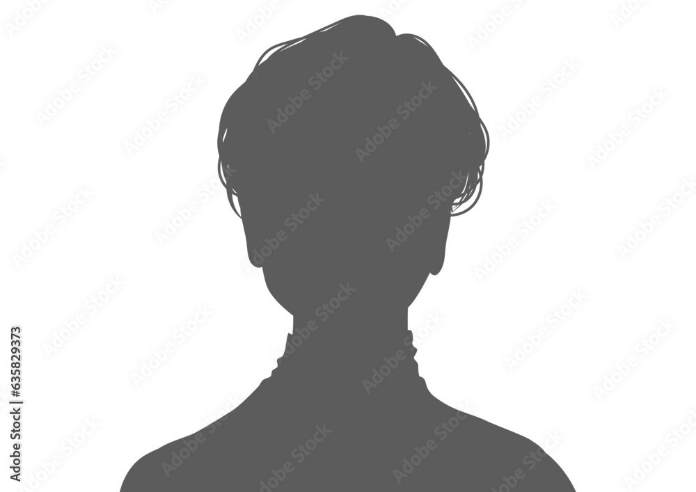 ショートヘアの女性の顔正面 証明写真のシルエット 上半身顔アップ バストアップのイラスト