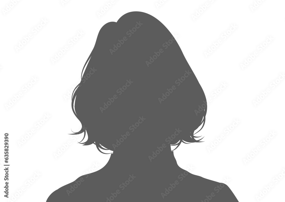 ボブヘアの女性シルエット 顔写真風の正面バストアップアイコンイラスト
