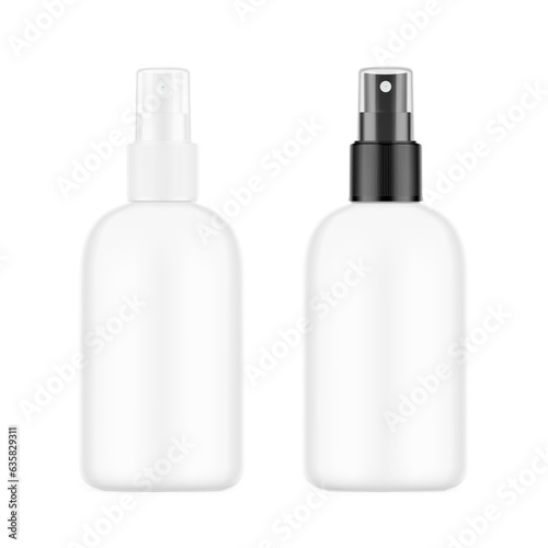 Realistic spray bottles mockup with different caps. Vector illustration isolated on white background. Сan be used for cosmetic, medical, sanitary and other needs. EPS10.