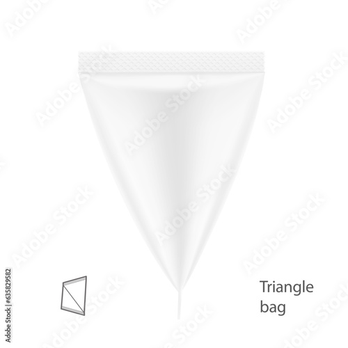 White triangle bag mockup. Vector illustration isolated on white background. Сan be used for cosmetic, food and other needs. Symmetrical lighting scheme. EPS10.