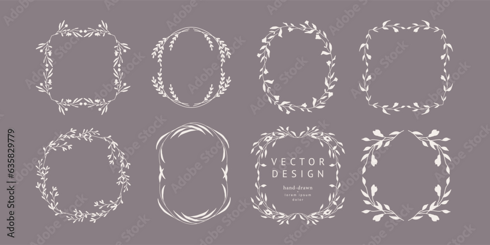 Elegant vector floral frames with hand drawn silhouettes of branches, flower and leaves. Set for label, corporate identity, wedding invitation, save the date, logo Elegant vector floral frames with hand drawn silhouettes of branches, flower and leaves. Set for label, corporate identity, wedding invitation, save the date, logo