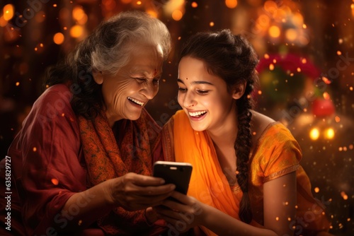 An Indian Older woman teaches younger woman how to use smartphone. A fictional character Created By Generated AI.