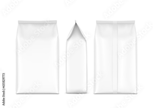 Packaging bag mockup. Front, side and back view. Vector illustration isolated on white background. Ready for use in presentation, promo, advertising and more. EPS10.	