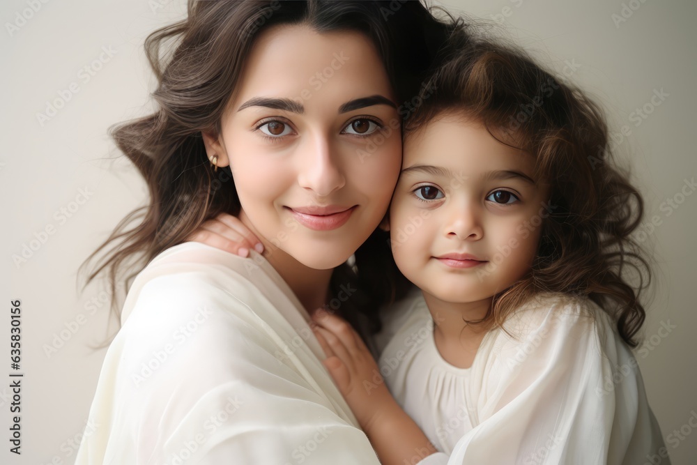 A mother and daughter pose for a heartwarming portrait. A fictional character Created By Generated AI. A mother and daughter pose for a heartwarming portrait. A fictional character Created By Generated AI.