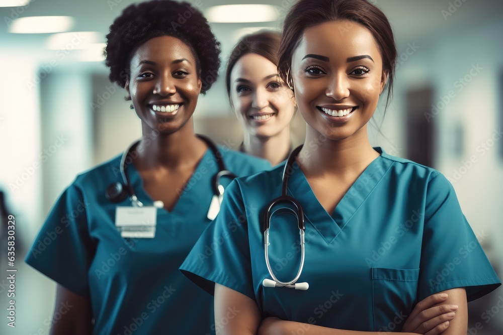 A group of diverse nurses standing side by side in a hospital. A group of diverse nurses standing side by side in a hospital.