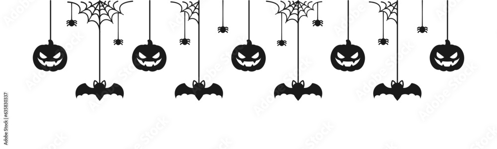 Happy Halloween banner or border with black bats, spider web, and jack o lantern pumpkins. Hanging Spooky Ornaments Decoration Vector illustration, trick or treat party invitation
