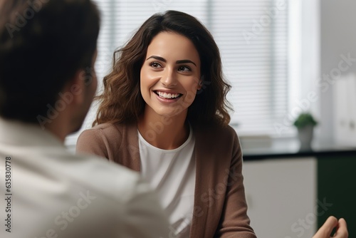 Neutral ethnic woman who is a patient smiling while talking to a doctor in their office.