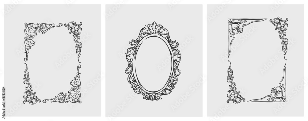 Hand drawn vector abstract outline,graphic,line art vintage baroque ornament floral frames set in minimalistic modern style.Baroque floral vintage outline design concept.Vector antique frame isolated. - obrazy, fototapety, plakaty 