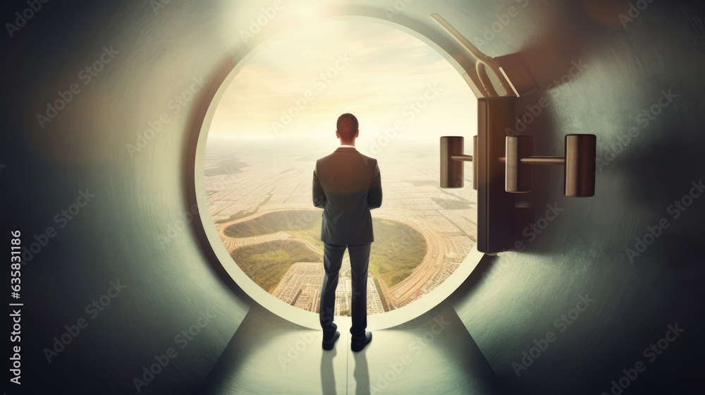 businessman standing in a doorway of a safe businessman standing in a doorway of a safe