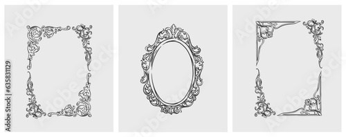 Hand drawn vector abstract outline,graphic,line art vintage baroque ornament floral frames set in minimalistic modern style.Baroque floral vintage outline design concept.Vector antique frame isolated. photo