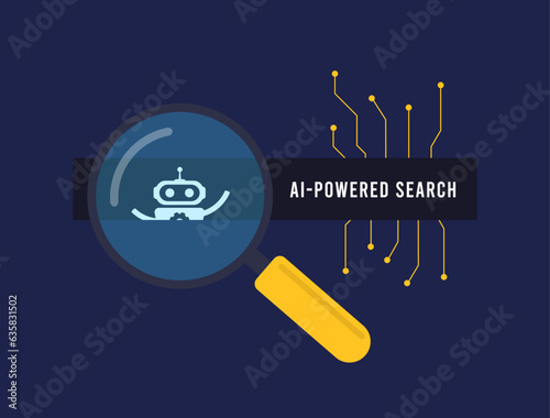 AI-Powered Search Engine concept. Search technology enhanced by artificial intelligence for faster, more accurate and personalized results. Vector isolated illustration on black background with icons