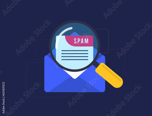 Email Spam vector icon. Unsolicited malicious e-mail envelope with warning message. Spam email message distribution, scam and fraud mail. Vector isolated illustration on black background with icons